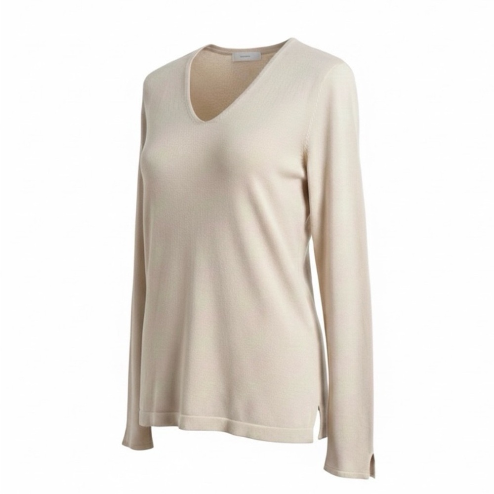 CYC Neutral Minimalist Cream Fine Knit Long Sleeve V Neck Sweater Size Medium